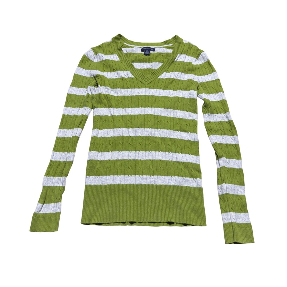 Tommy Hilfiger Green Gray Striped Cable Knit V-Neck Sweater